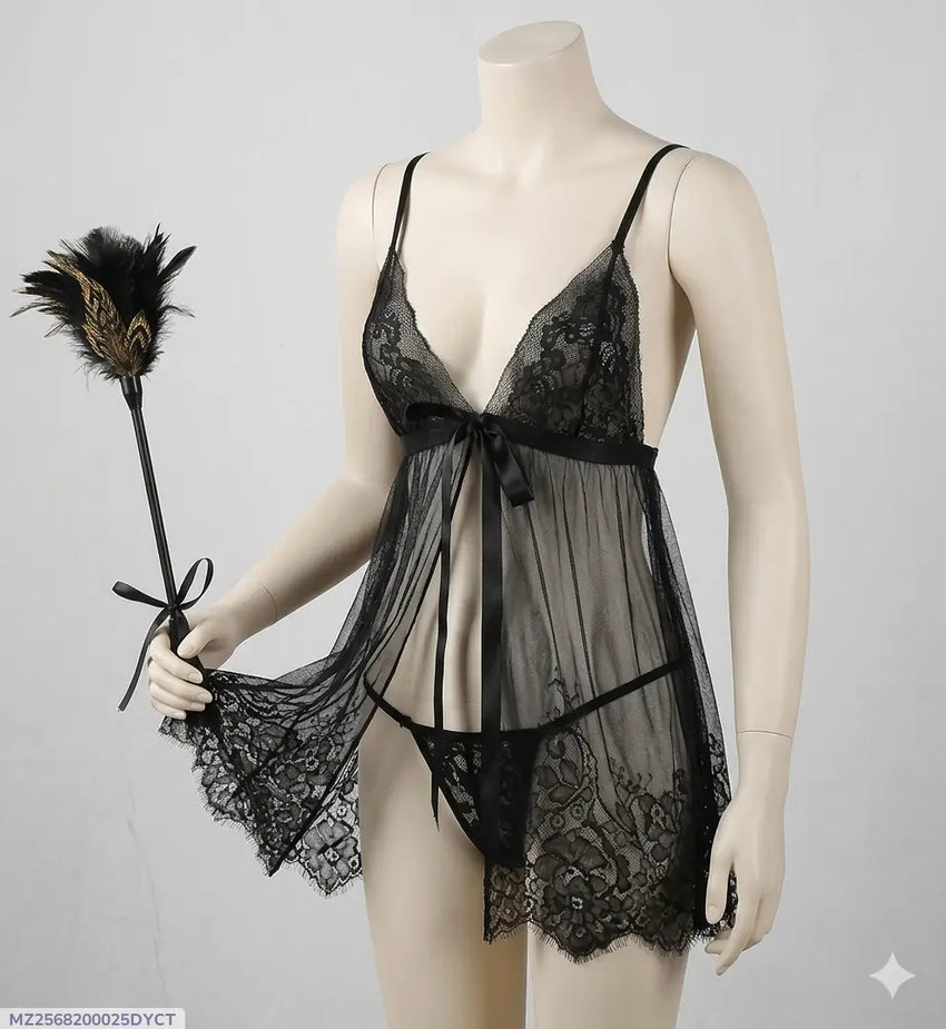 Net Lace Comfortable And Lightweight Nightwear Set / Front Open Short Nighty & Panty